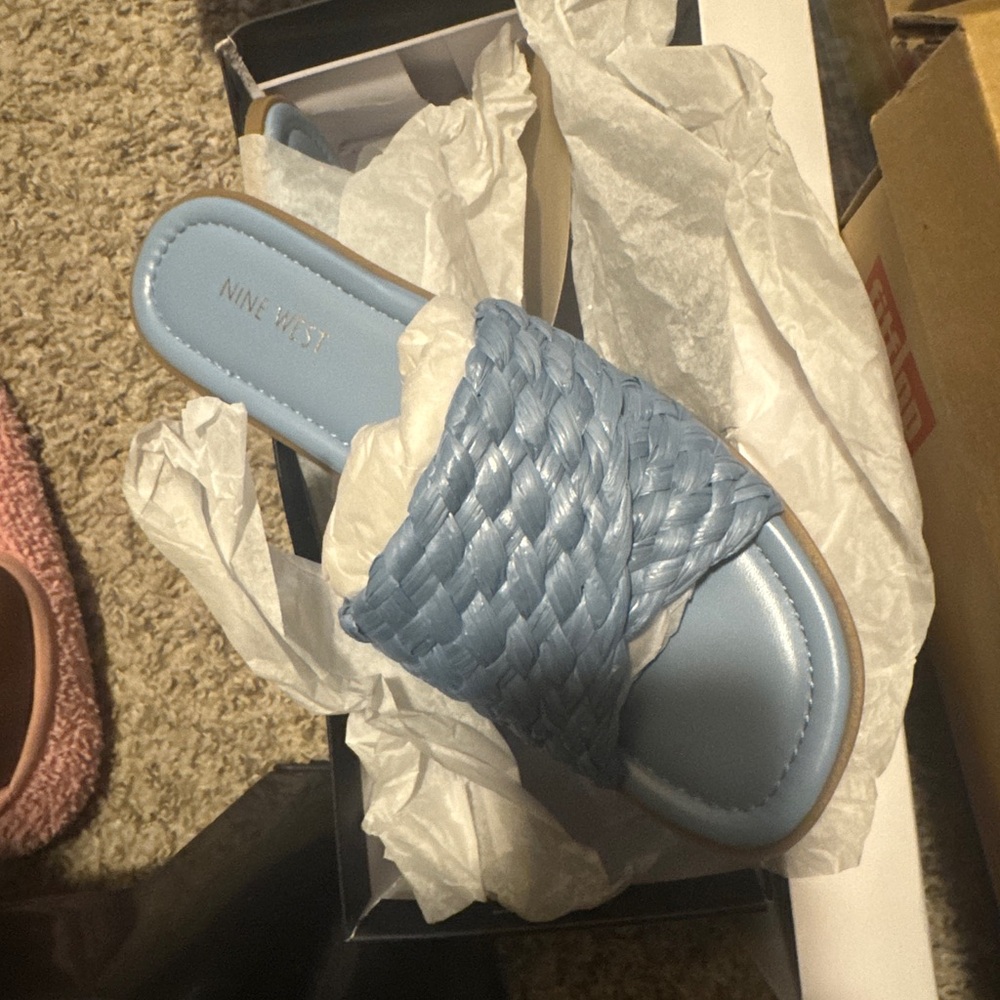 Nine West Light Blue Woven Slide Sandals